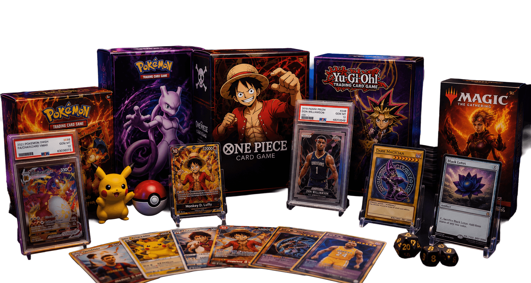 Authentic Pokémon, One Piece, and Yu-Gi-Oh prize draw boxes and slabs